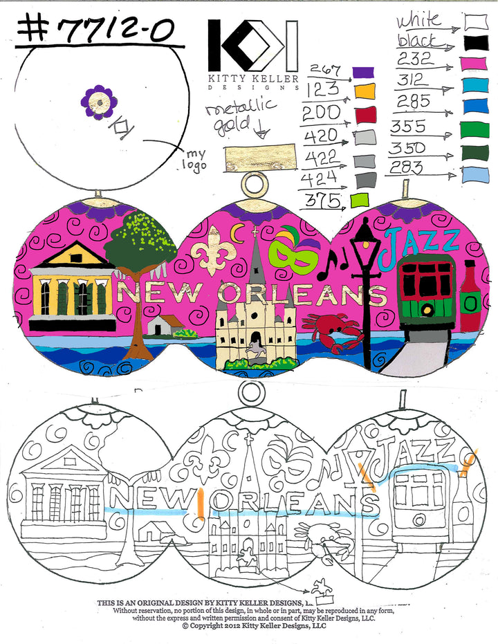 New Orleans Round with City Icons - Cathedral, Trolley, Row House - Pink Background