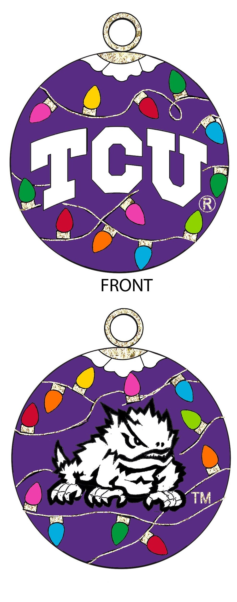 TCU Horned Frogs Multi-Colored Lights Purple Background Round Cloisonné Christmas Ornament