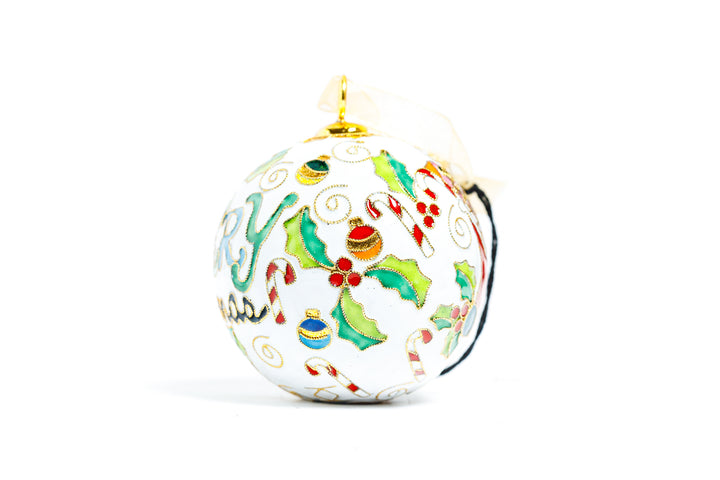 Merry Christmas with Stocking Holly Candy Cane Round Cloisonné Christmas Ornament