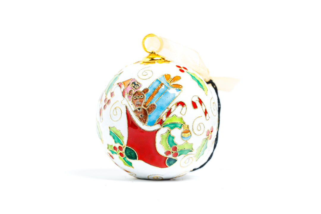 Merry Christmas with Stocking Holly Candy Cane Round Cloisonné Christmas Ornament