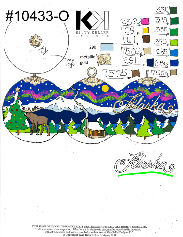 Alaska Winter Scene, Cabin, Moose, Mountains Round Cloisonné Christmas Ornament