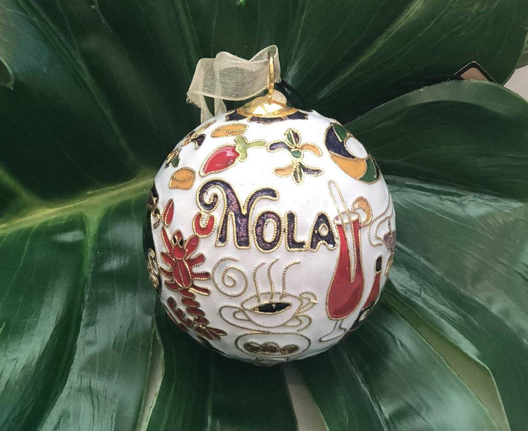 New Orleans, Louisiana 'NOLA Foods' Round Cloisonné Christmas Ornament - White
