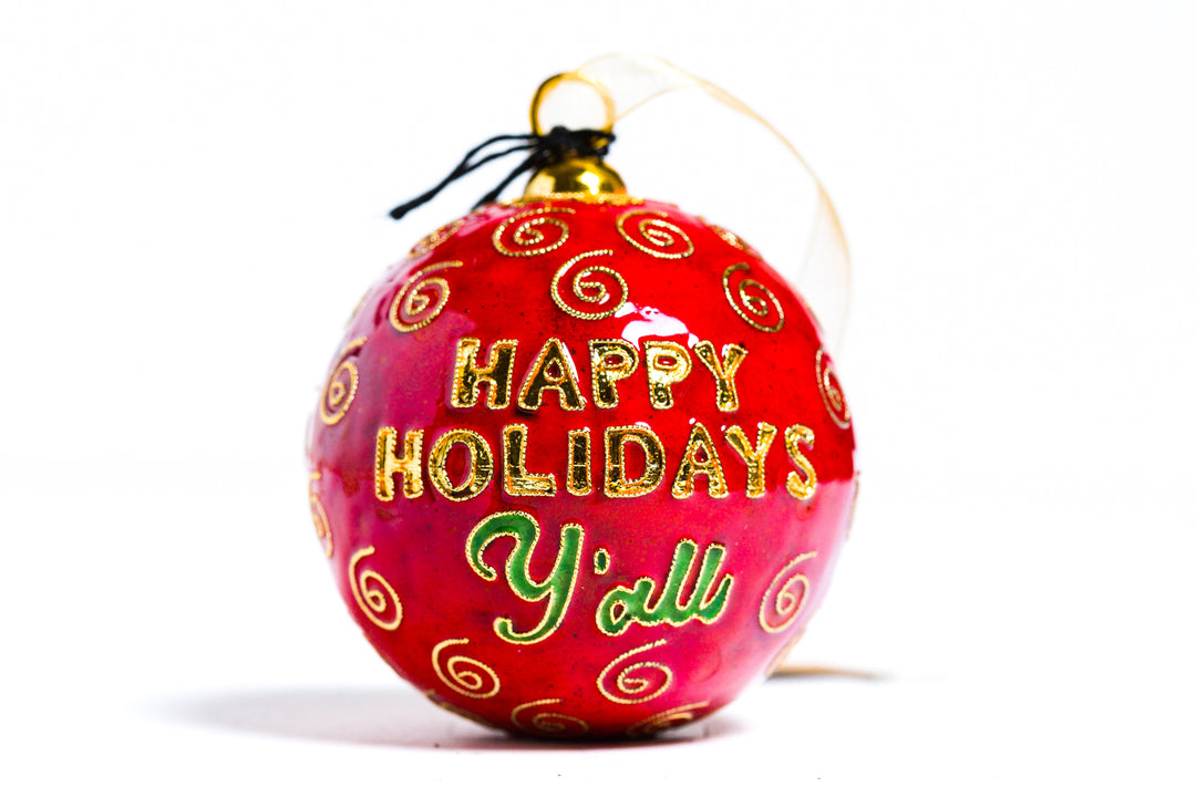 Happy Holidays Y'all, TEXAS Round Cloisonné Christmas Ornament - RED