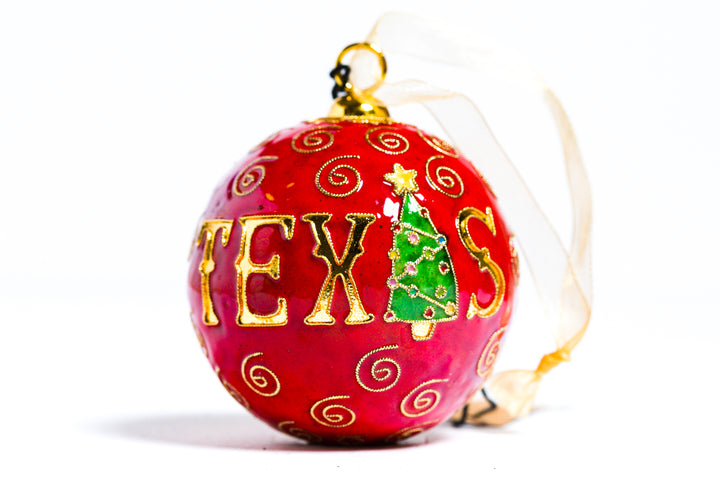 Happy Holidays Y'all, TEXAS Round Cloisonné Christmas Ornament - RED