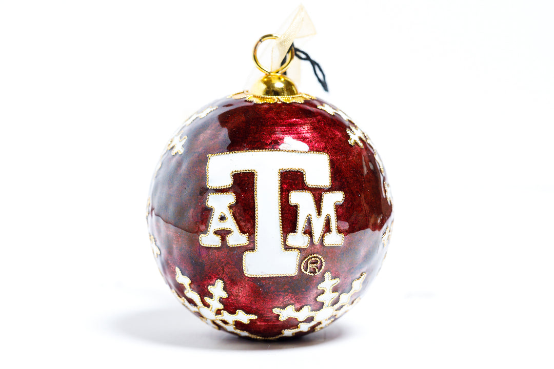 Texas A&M Aggie White Snowflakes Maroon Background Round Cloisonné Christmas Ornament