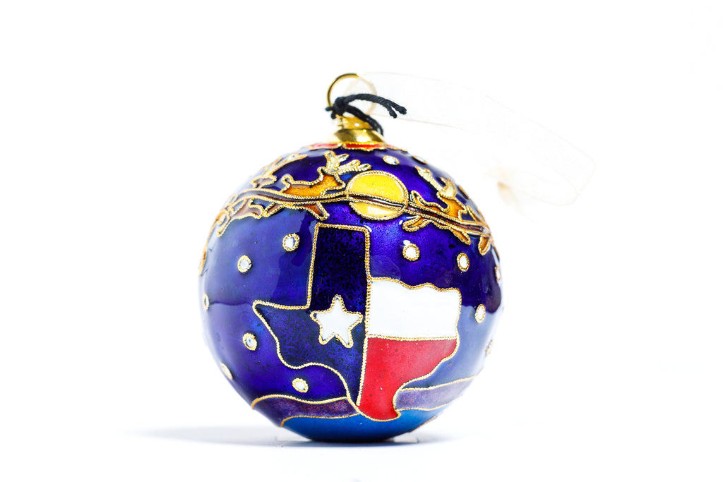Santa and Sleigh Flying over State of TX Cloisonné Christmas Ornament
