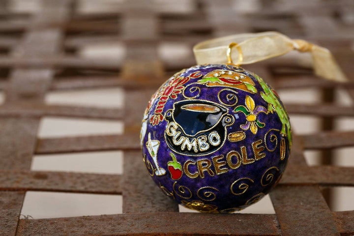 New Orleans, Louisiana 'NOLA Foods' Round Cloisonné Christmas Ornament - Purple