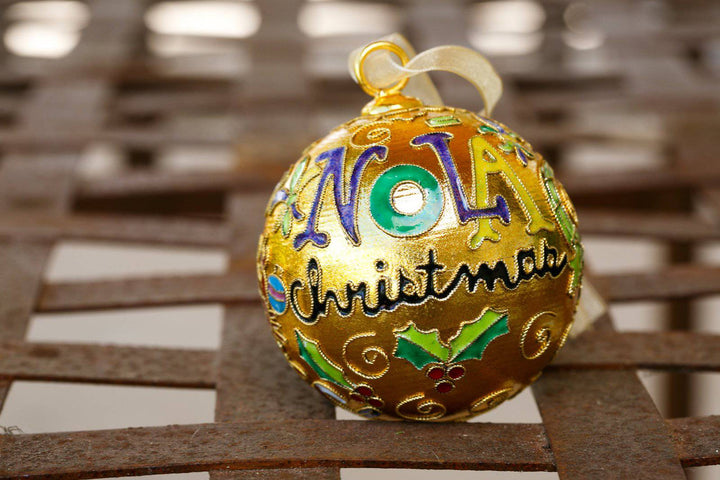 New Orleans 'NOLA Christmas' with Christmas Stocking Round Cloisonné Christmas Ornament - Metallic Gold