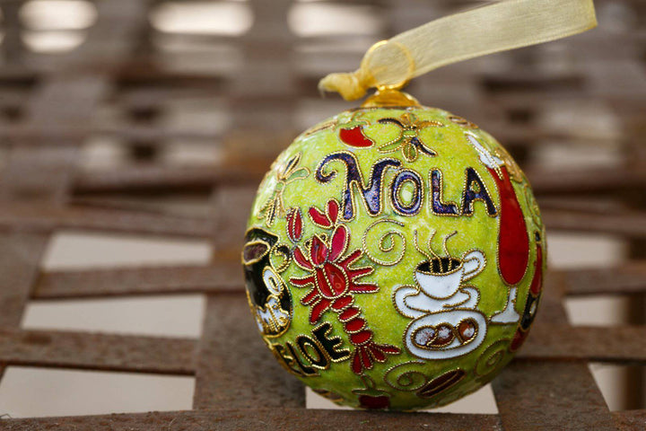 New Orleans, Louisiana 'NOLA Foods' Round Cloisonné Christmas Ornament - Green