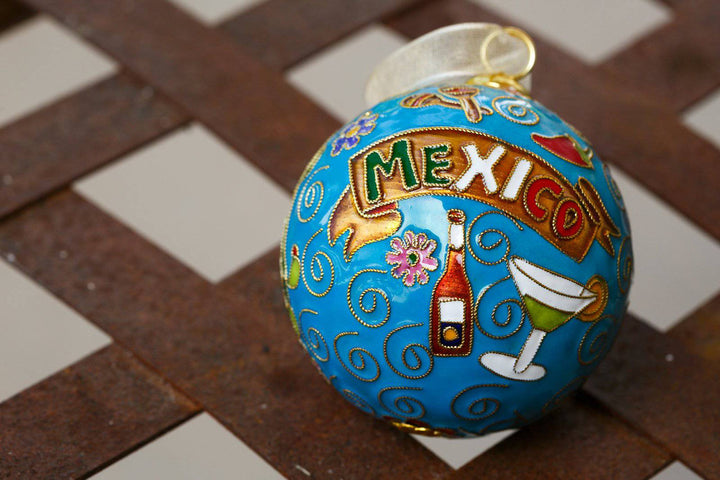 Viva Mexico Celebrating Mexico Blue Background Round Cloisonné Christmas Ornament