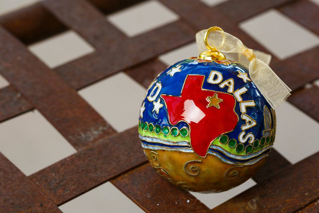 Dallas, Texas Night Skyline, Big D Round Cloisonné Christmas Ornament