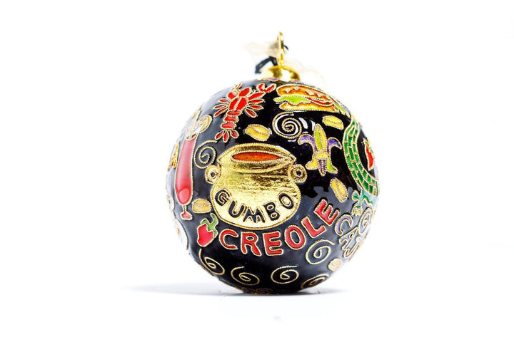 New Orleans, Louisiana 'NOLA Foods' Round Cloisonné Christmas Ornament - Black