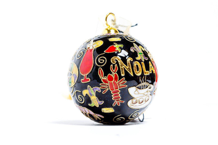 New Orleans, Louisiana 'NOLA Foods' Round Cloisonné Christmas Ornament - Black