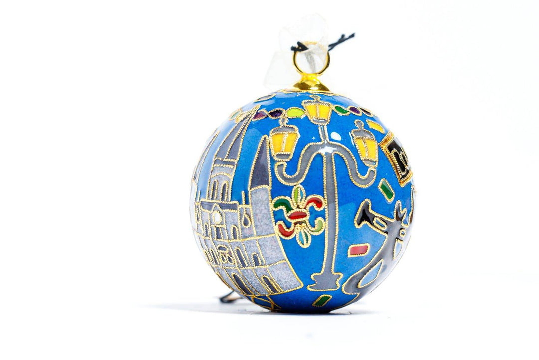 New Orleans St Louis Cathedral Mardi Gras Icons Round Cloisonné Christmas Ornament - Blue