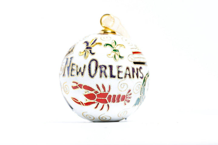 New Orleans, Louisiana St. Louis Cathedral, Gator, Paddleboat, Jazz Musician Round Cloisonné - white