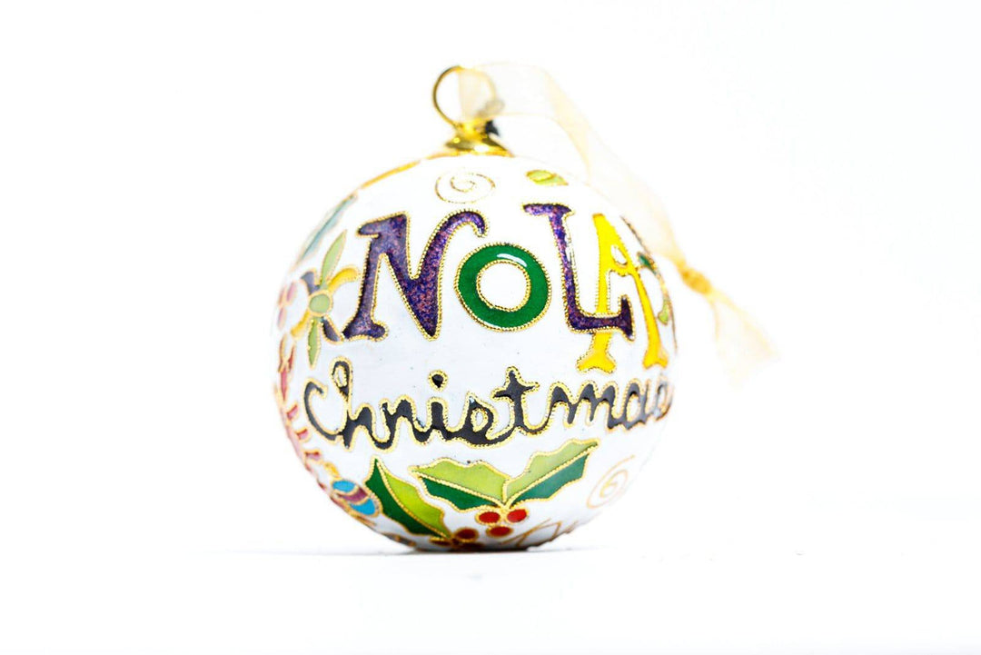 New Orleans 'NOLA Christmas' with Christmas Stocking Round Cloisonné Christmas Ornament - White