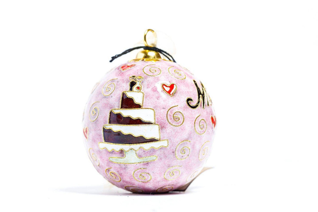 Mr & Mrs Bride & Groom Pink Round Cloisonné Christmas Ornament