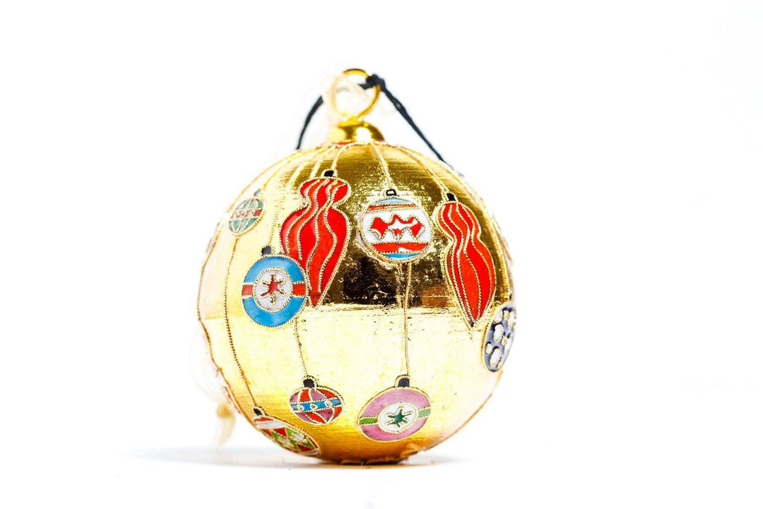 Vintage Hanging Ornaments Metallic Gold Background Round Cloisonné Christmas Ornament