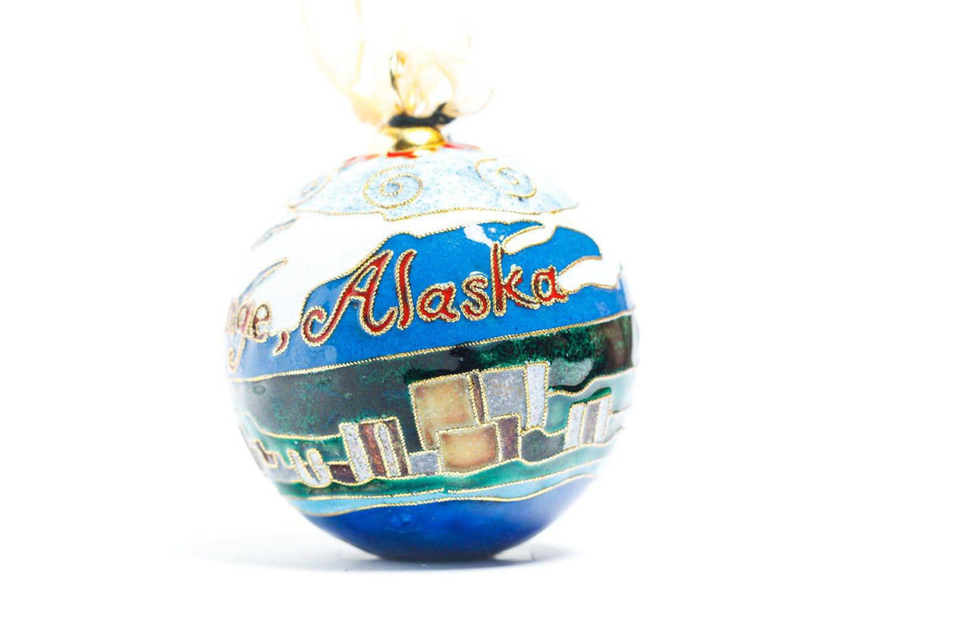 Anchorage, Alaska Cityscape, Mountain Round Cloisonné Christmas Ornament
