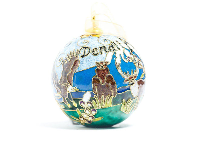 Denali, Alaska Wildlife Scene, Wolf, Elk, Brown Bear, Eagle, Moose Round Cloisonné Christmas Ornament