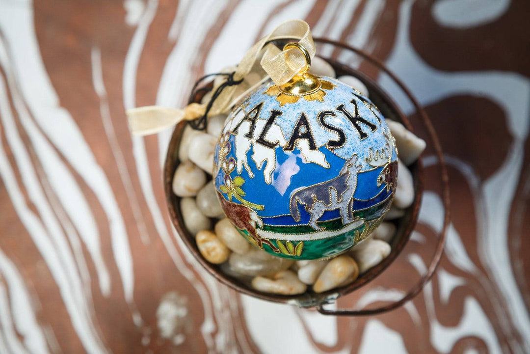 Denali, Alaska Wildlife Scene, Wolf, Elk, Brown Bear, Eagle, Moose Round Cloisonné Christmas Ornament