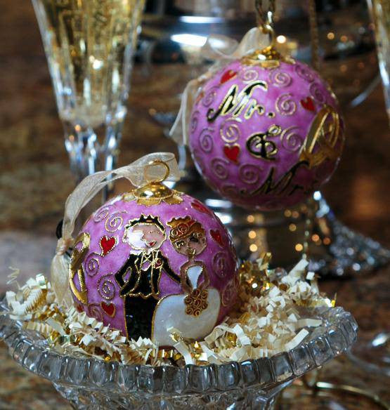 Mr & Mrs Bride & Groom Pink Round Cloisonné Christmas Ornament