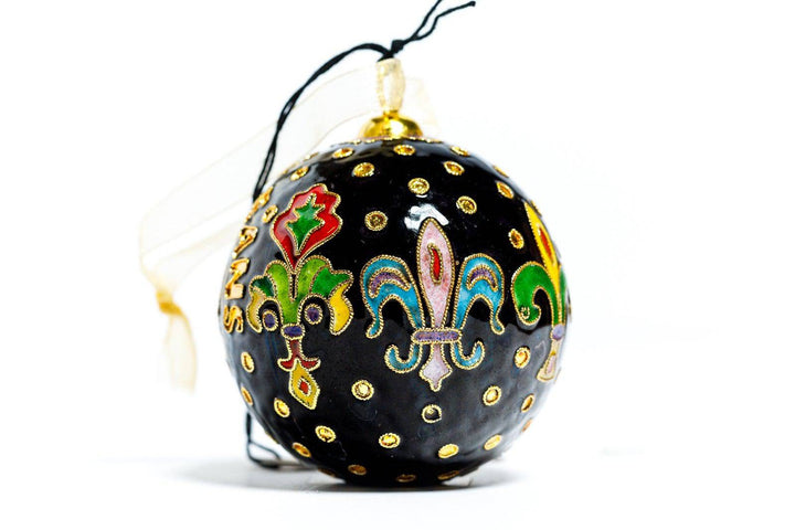 New Orleans Colorful Fleur De Lis with Polka Dots Round Cloisonné Christmas Ornament - Black