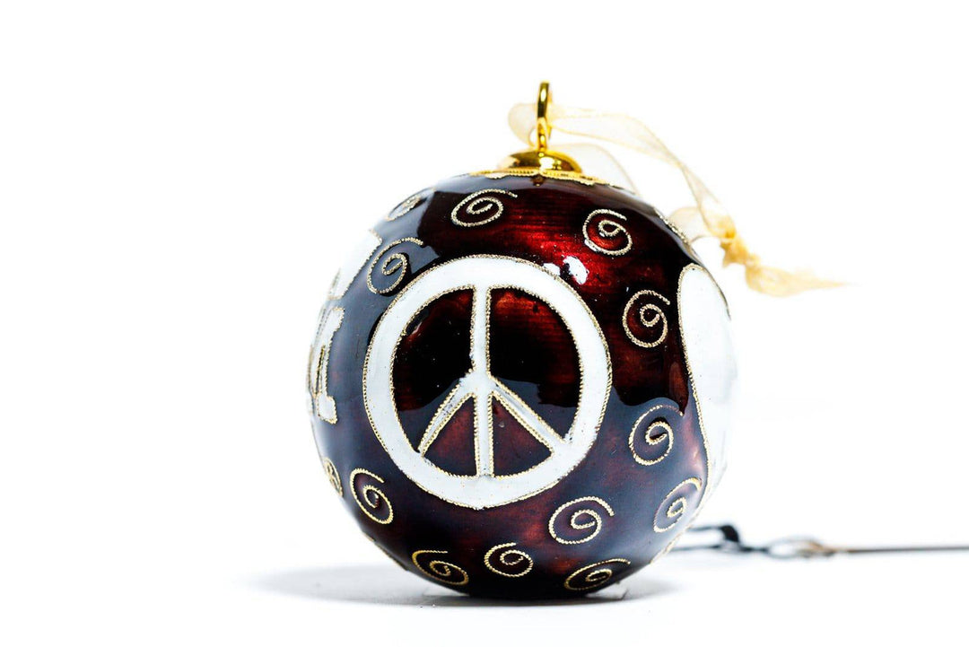 Texas A&M Aggie Peace, Love, & Gig'Em Maroon Background Round Cloisonné Christmas Ornament