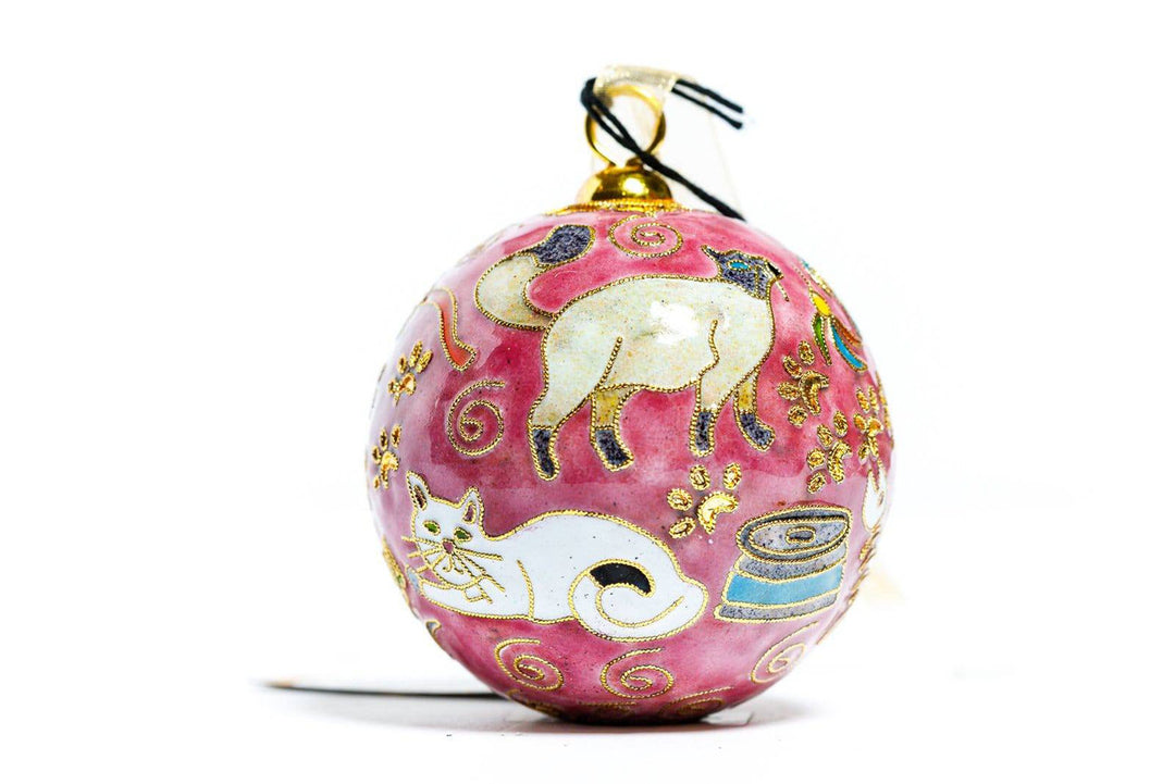 I Love Cats Pink Background Round Cloisonné Christmas Ornament