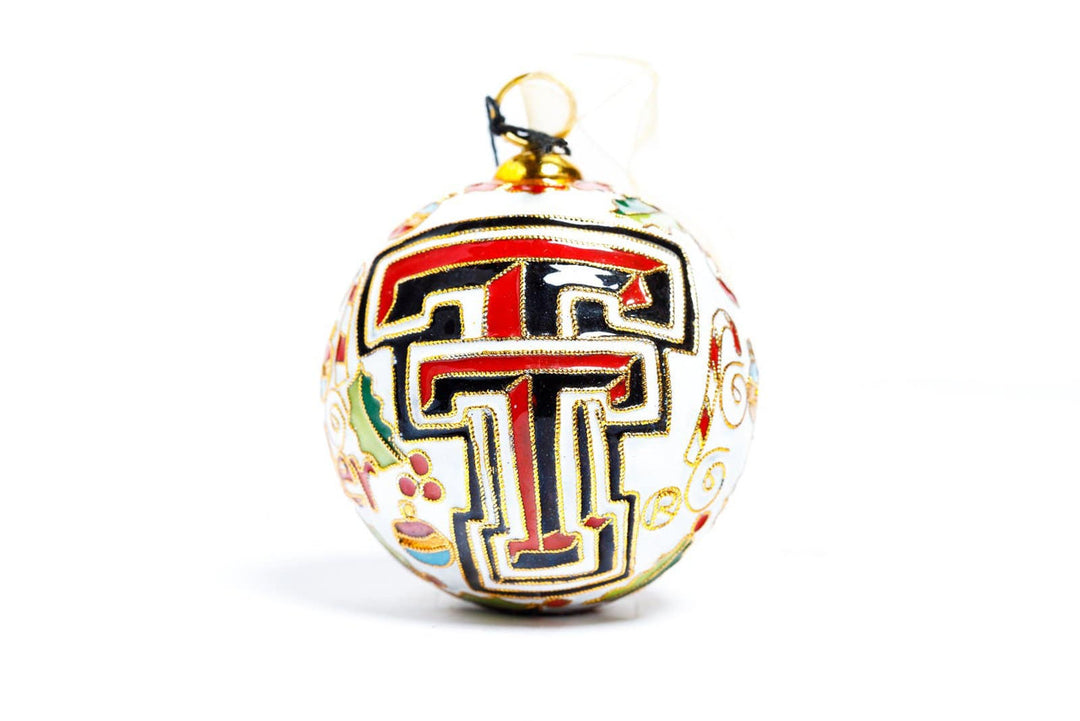 Texas Tech Red Raiders Baby Red Raider Christmas Stocking White Background Round Cloisonné Christmas Ornament