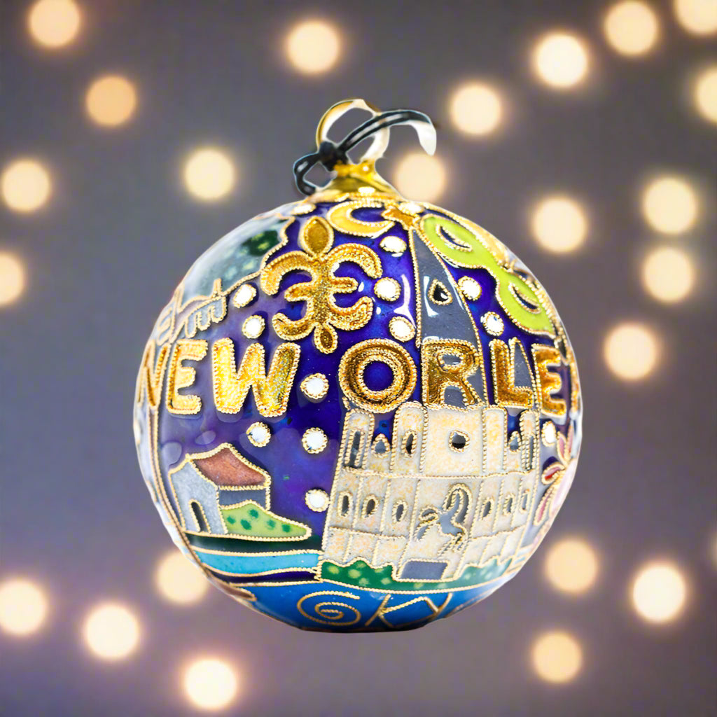 NOLA Ornament - Blue Background - Streetcar, Cathedral and House
