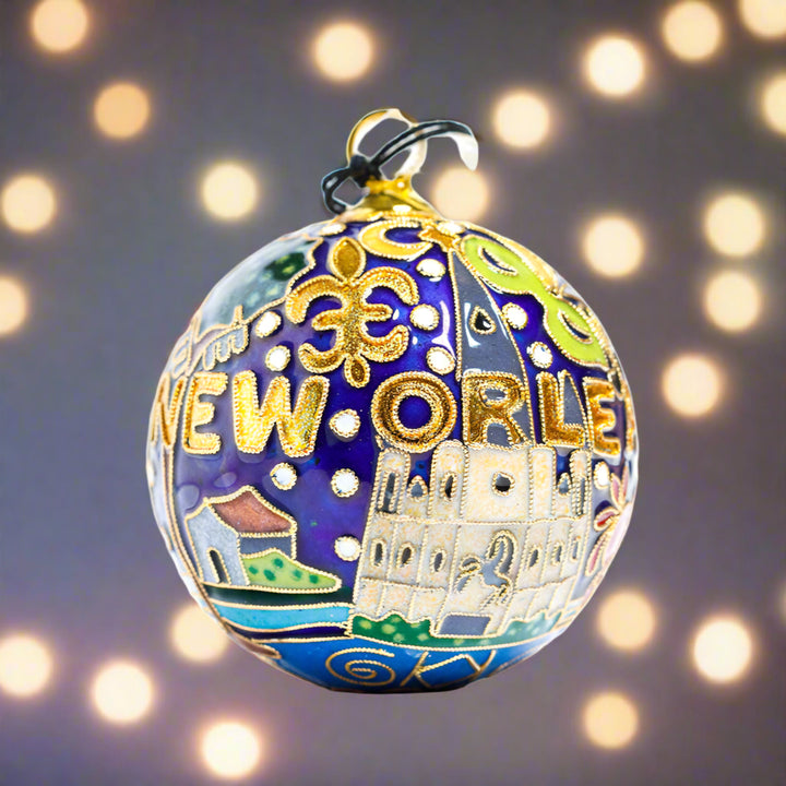 NOLA Ornament - Blue Background - Streetcar, Cathedral and House