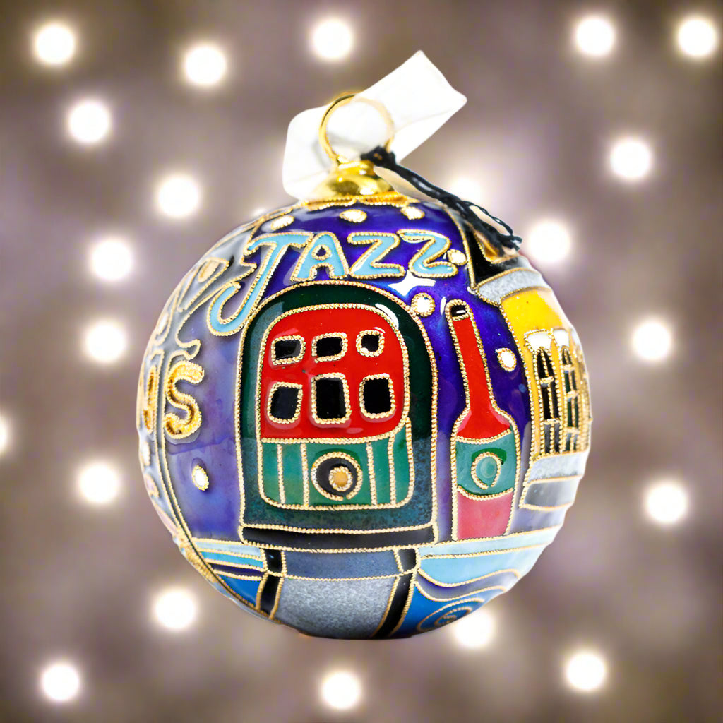 NOLA Ornament - Blue Background - Streetcar, Cathedral and House