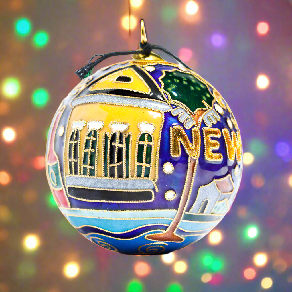 NOLA Ornament - Blue Background - Streetcar, Cathedral and House
