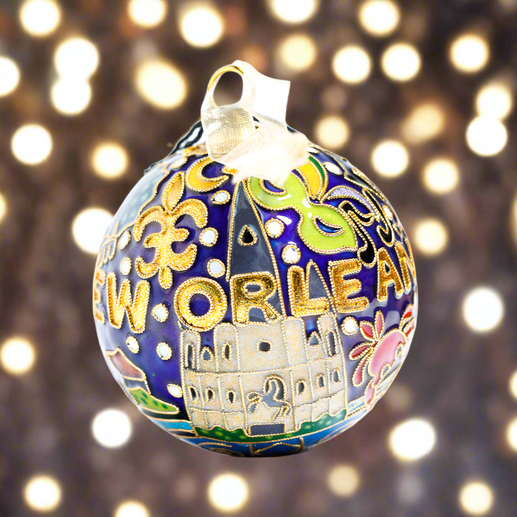 NOLA Ornament - Blue Background - Streetcar, Cathedral and House