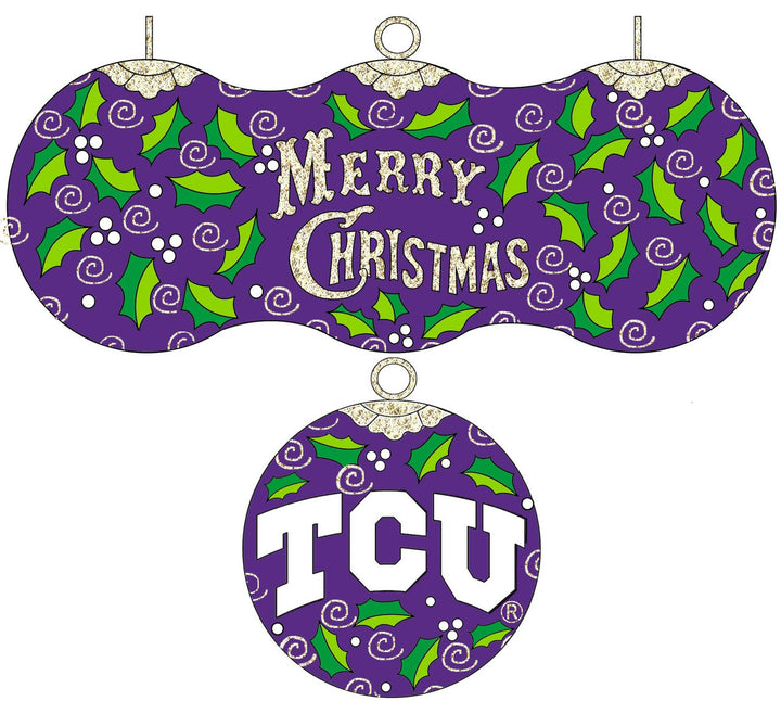 Texas Christian University TCU Horned Frogs Vintage Merry Christmas with Holly Round Cloisonné Christmas Ornament - Purple