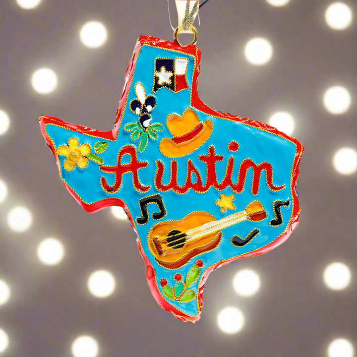 Austin - Texas State Shaped Ornament - Austin in Script/TX Icons