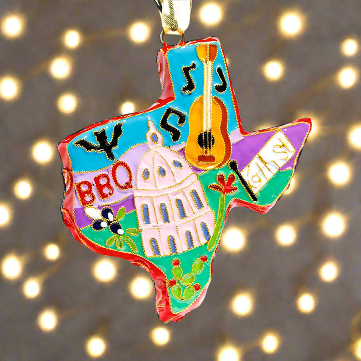 Austin - Texas State Shaped Ornament - Austin in Script/TX Icons
