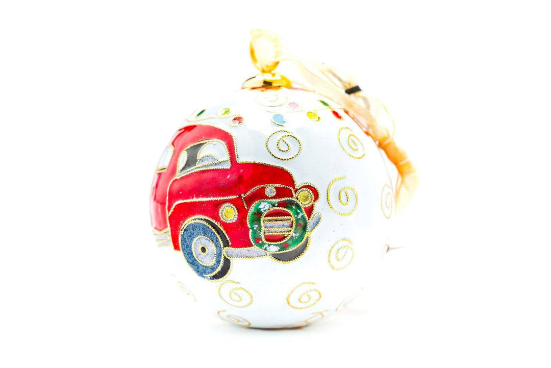 University of Houston Cougars Vintage Christmas Truck Round Cloisonné Christmas Ornament - White