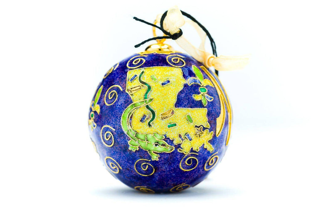 New Orleans, Louisiana, Symbols of Louisiana and Mardi Gras Round Cloisonné Christmas Ornament - Purple