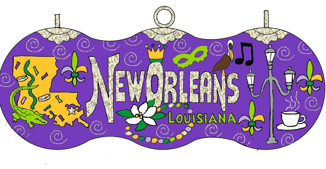 New Orleans, Louisiana, Symbols of Louisiana and Mardi Gras Round Cloisonné Christmas Ornament - Purple