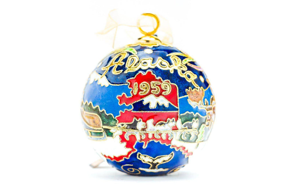 Alaska Wildlife, Dog Sledder, Northern Lights Round Cloisonné Christmas Ornament