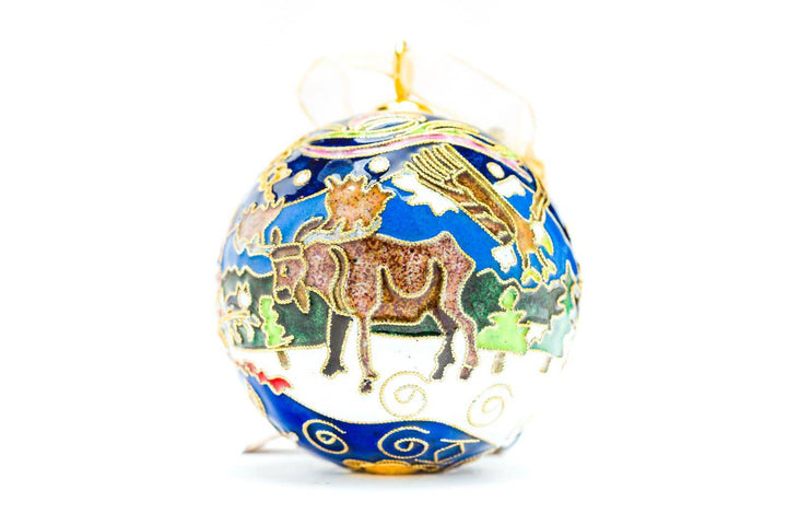 Alaska Wildlife, Dog Sledder, Northern Lights Round Cloisonné Christmas Ornament