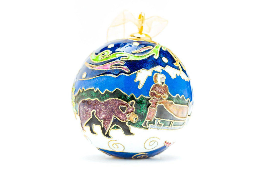 Alaska Wildlife, Dog Sledder, Northern Lights Round Cloisonné Christmas Ornament