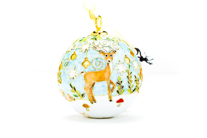 Woodland Santa with Fox and Deer Merry Christmas Round Cloisonné Christmas Ornament