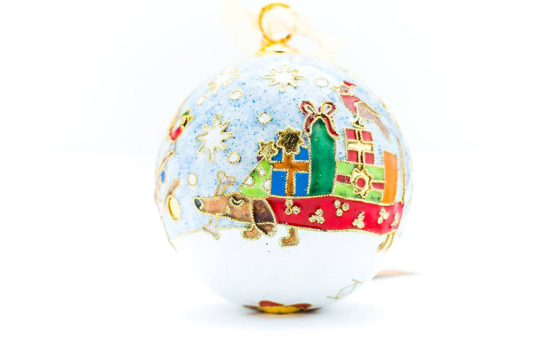 Dachshund Bearing Gifts Winter Scene Round Cloisonné Christmas Ornament