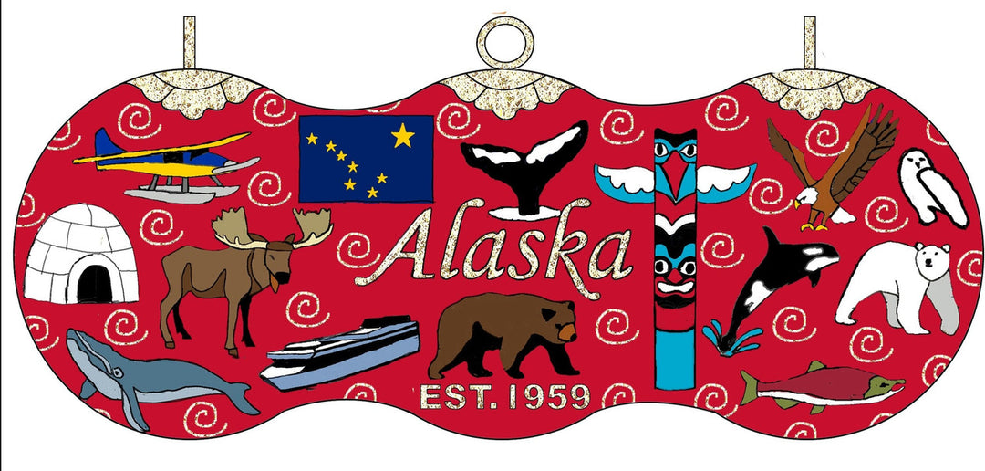 Symbols of Alaska Wildlife, Alaska Flag Round Cloisonné Christmas Ornament - Red