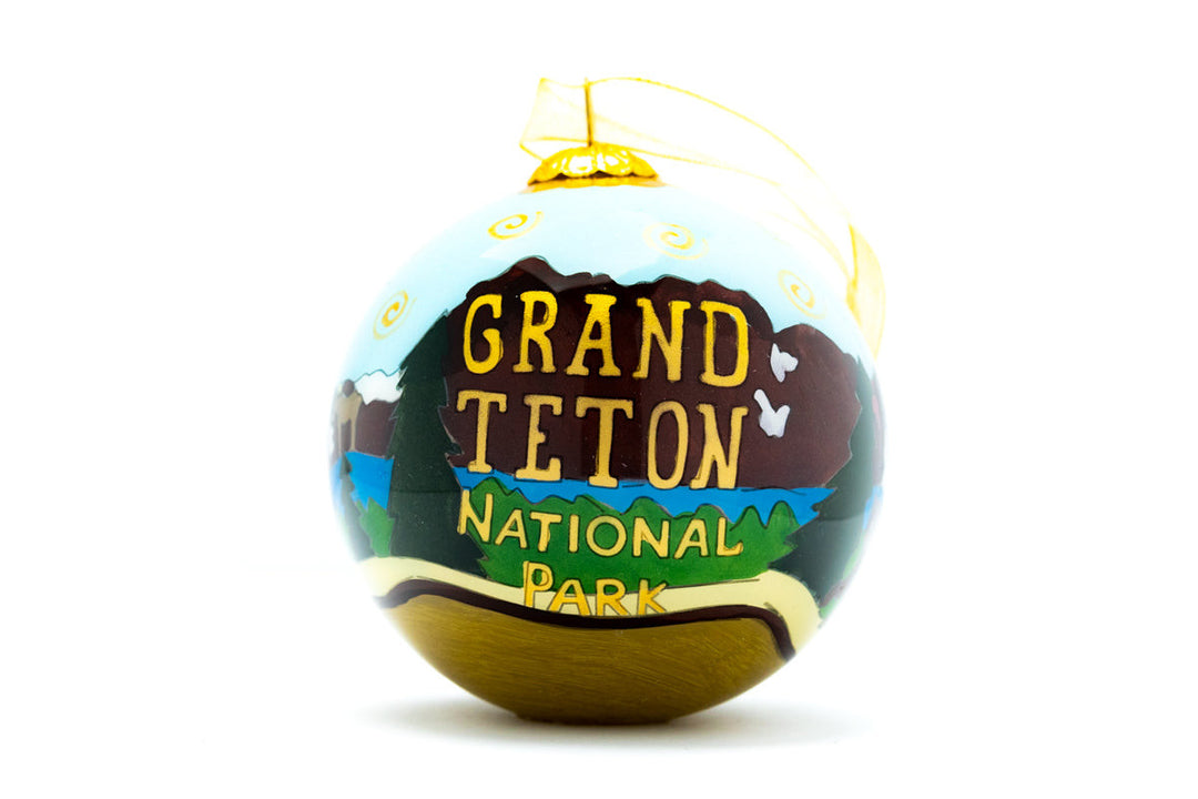 Grand Tetons National Park Round Hand-Painted Glass Christmas Ornament