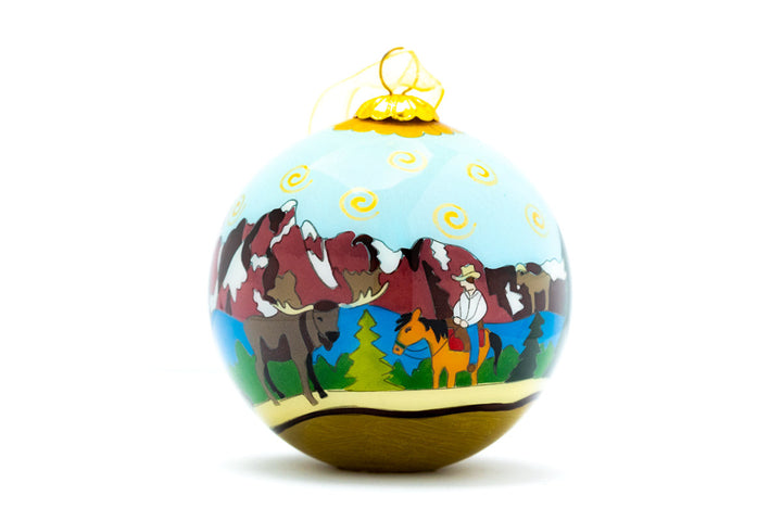 Grand Tetons National Park Round Hand-Painted Glass Christmas Ornament