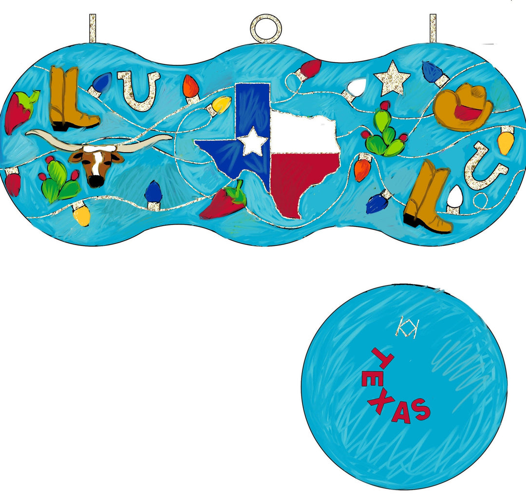 Symbols of Texas Round State Flag Cowboy Boot Colorful Lights Hand-Painted Italian Ceramic Christmas Ornament